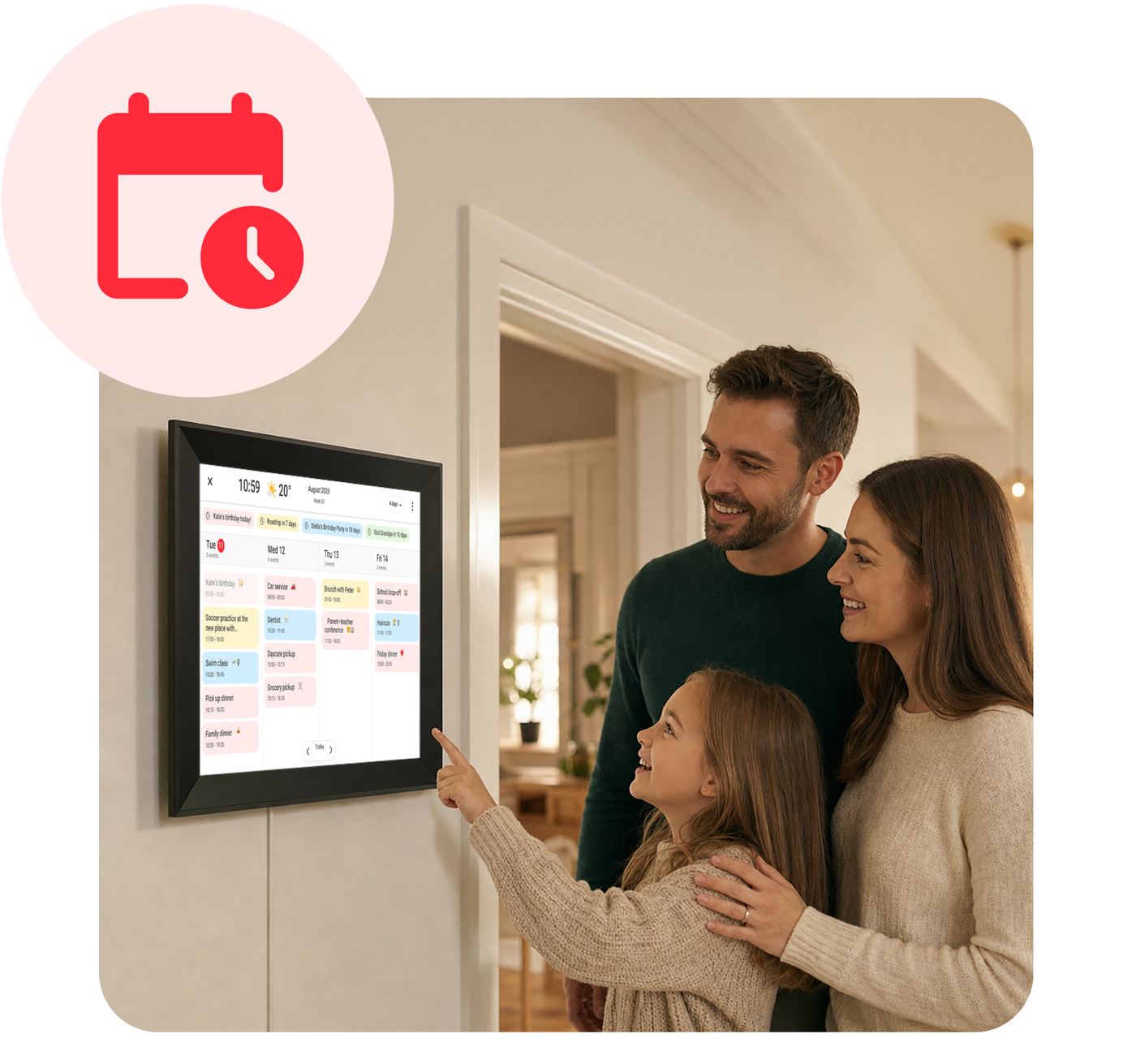 Digitale fotolijst als familie-kalender met agenda-events